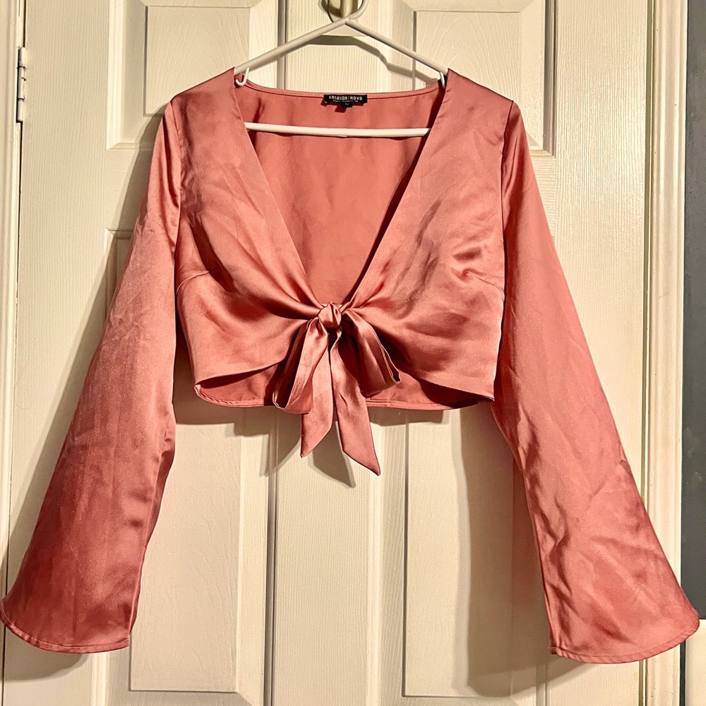 Fashion Nova Satin Long Bell Sleeve Tie-Front Top in Pink
